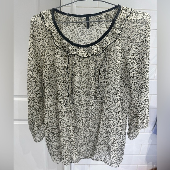 NAF NAF Tops - NAF NAF Paris Blouse– Size 40 
Sheer | Ruffle Detail | Black & White Abstract
